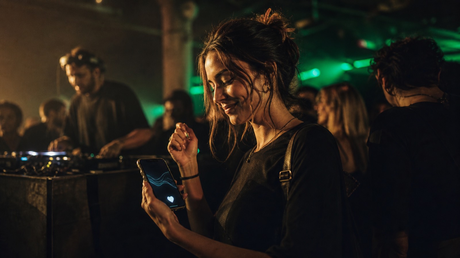 A house music listener saves a track on a phone while dancing near the DJ