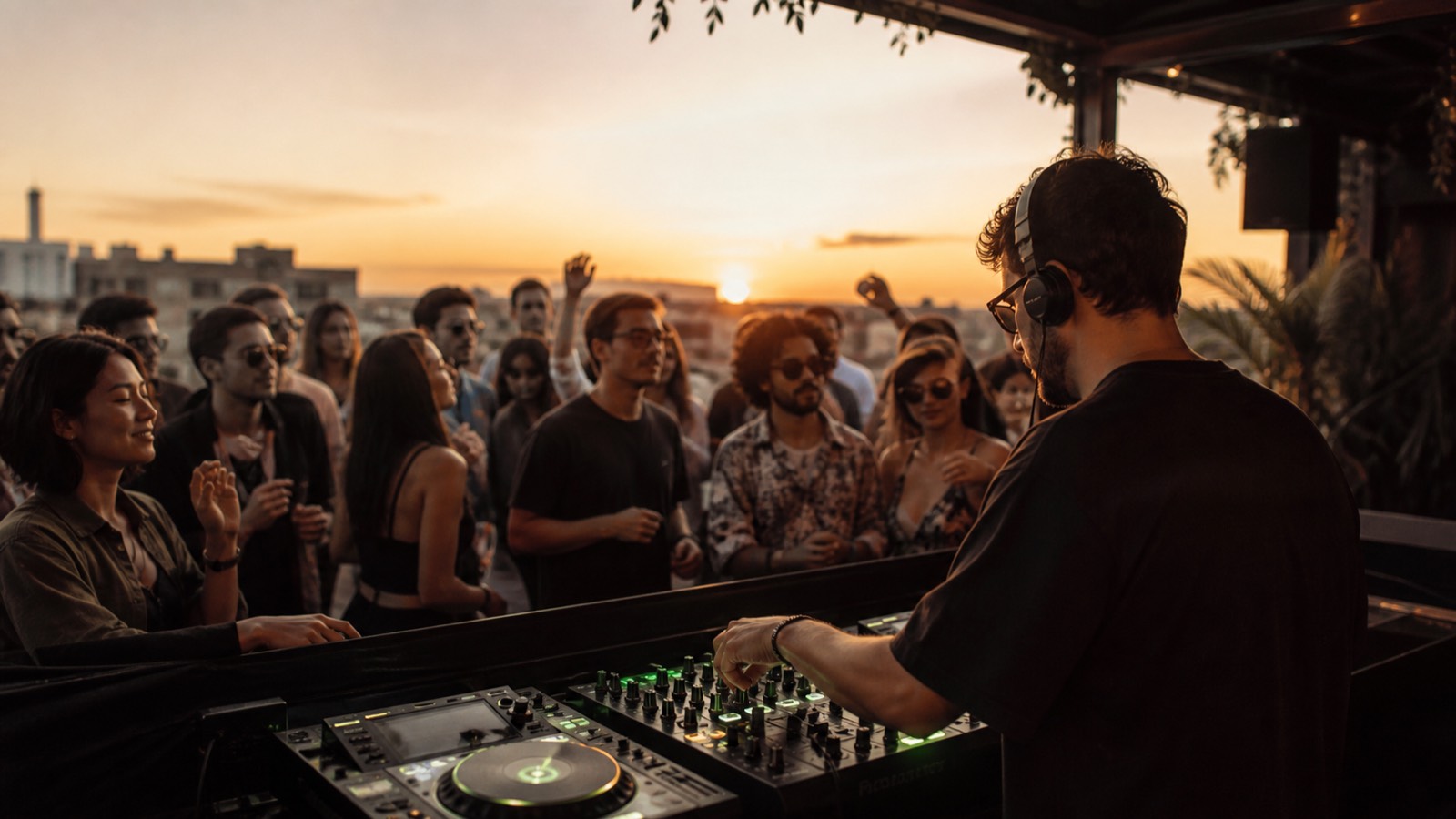 A house DJ plays a focused sunset set to listeners close to the booth