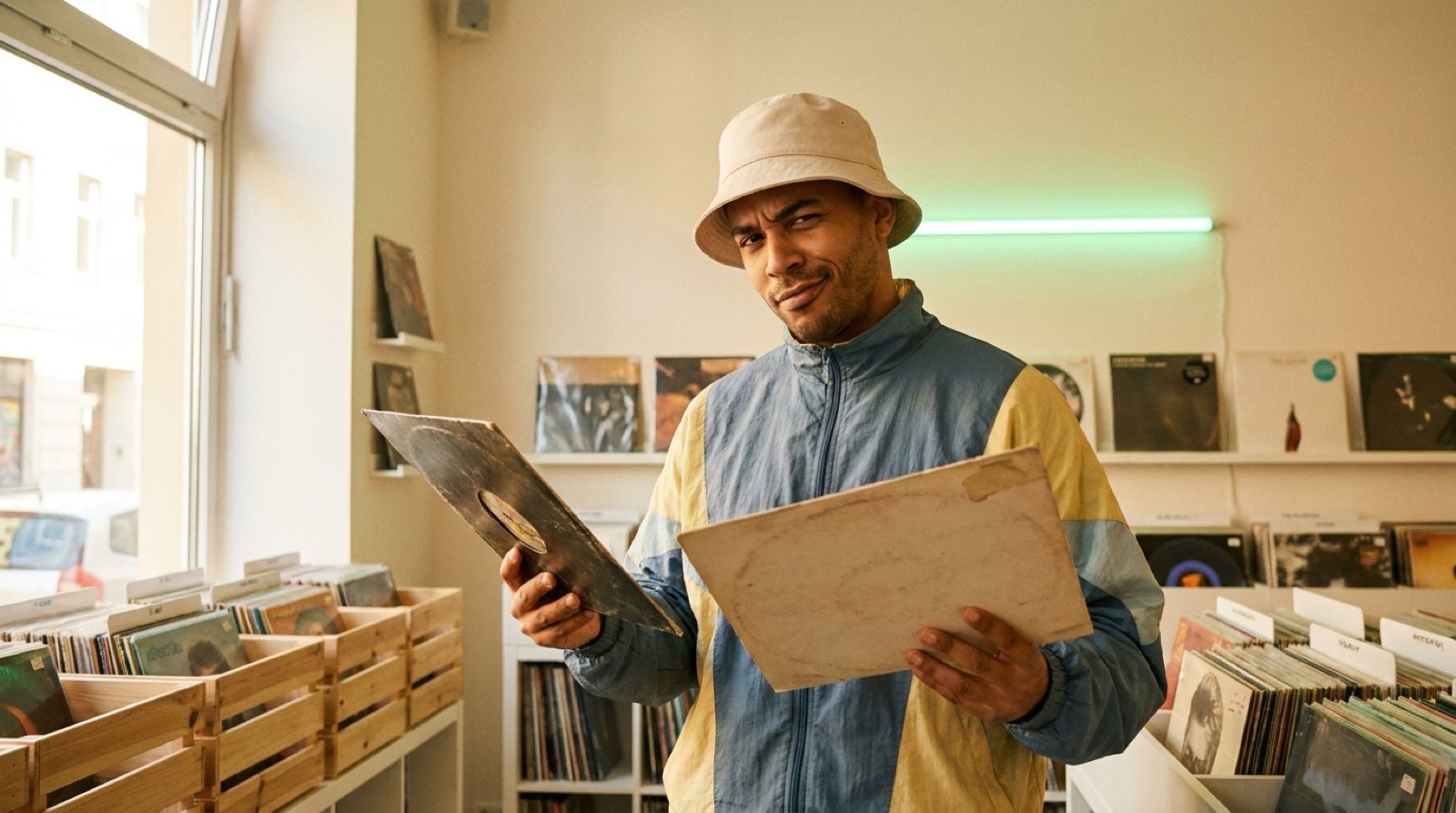 A shopper in a bright record store holds a record in one hand and its sleeve in the other