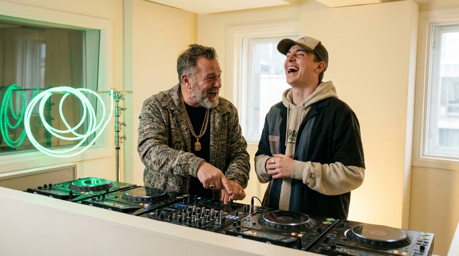 Two music selectors smile behind DJ decks in a bright studio