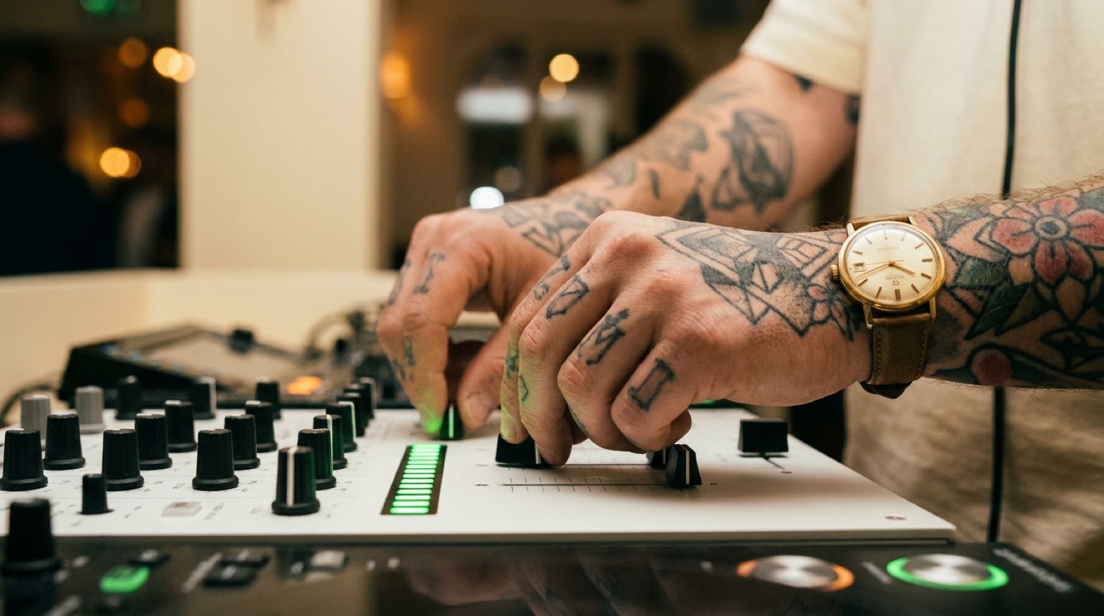 Tattooed hands adjust controls on a DJ mixer