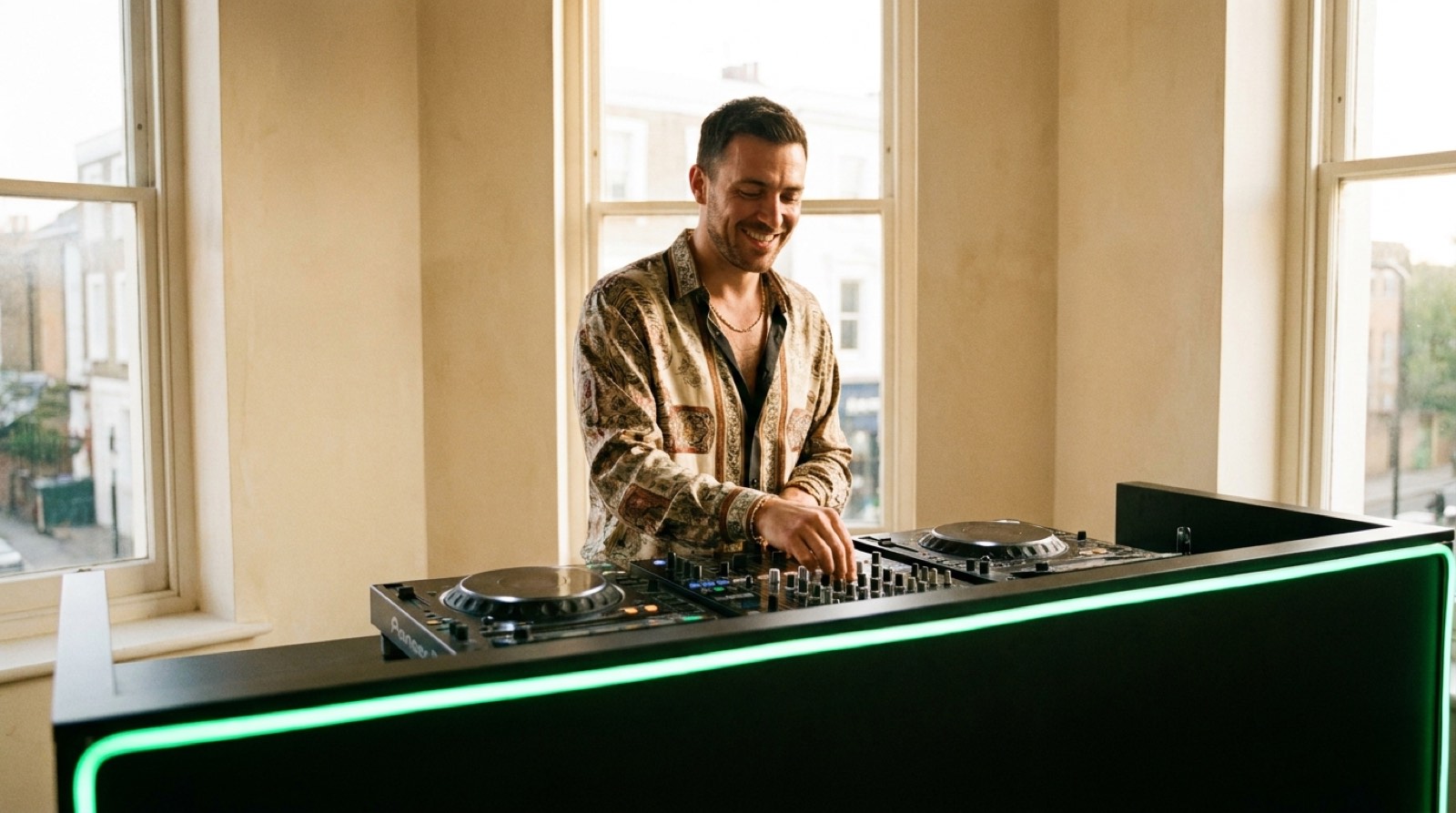 A DJ booth lit low, a house record cued and nobody watching yet
