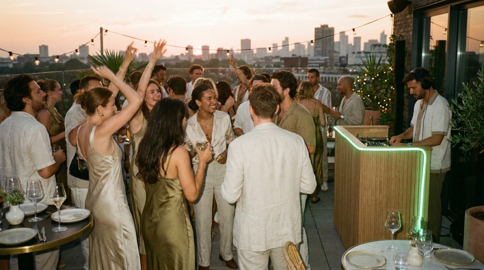 A rooftop crowd dances at sunset while a DJ plays from a green-lit booth on the right